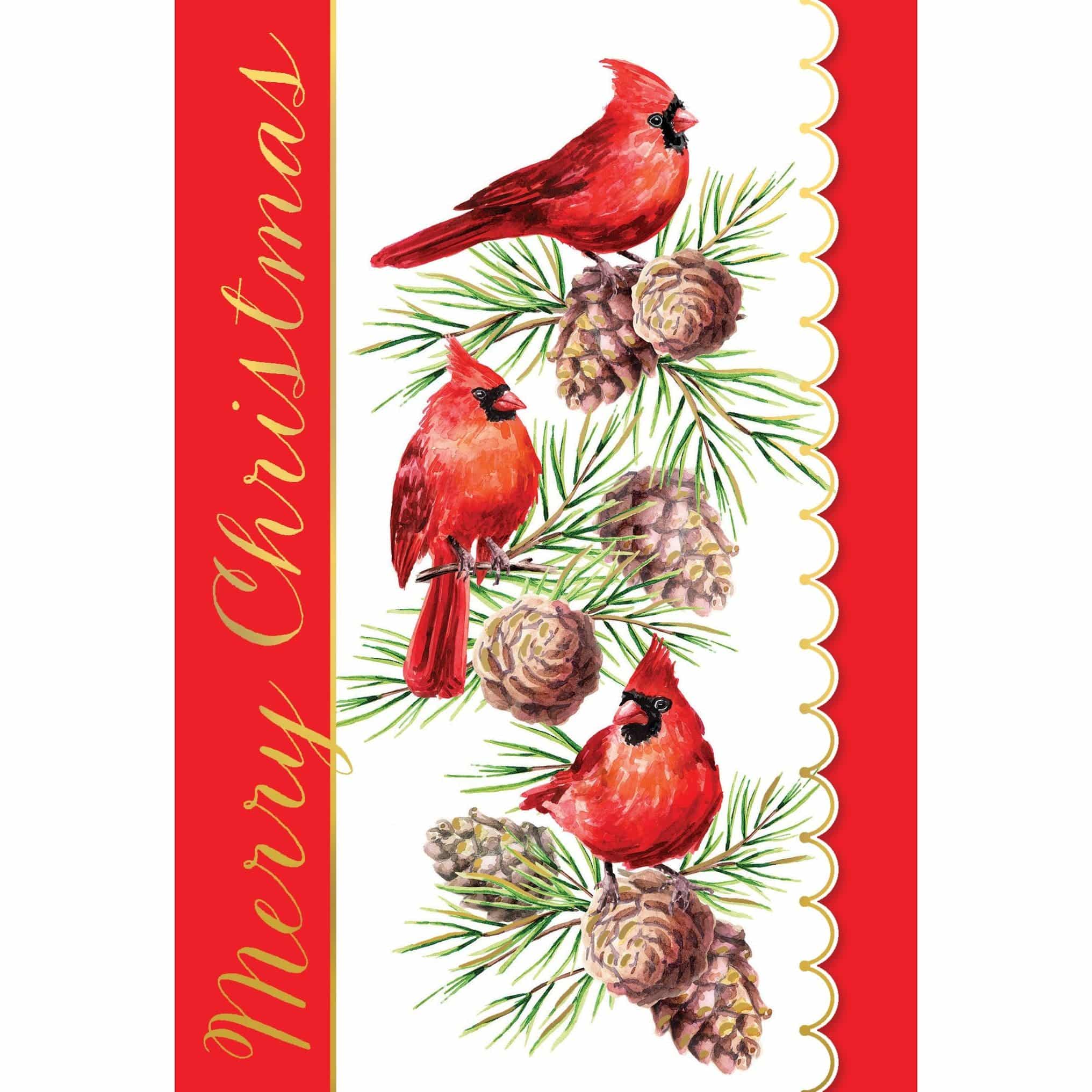 Three Cardinals Christmas card by Pictura featuring a festive seasonal design with three bright red cardinals on a winter branch.